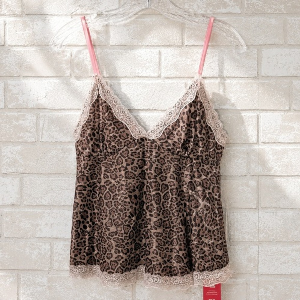 Y2K Babydoll Leopard Lace Trim Cami Top Small Going Out Coquette Indie Sleaze‎